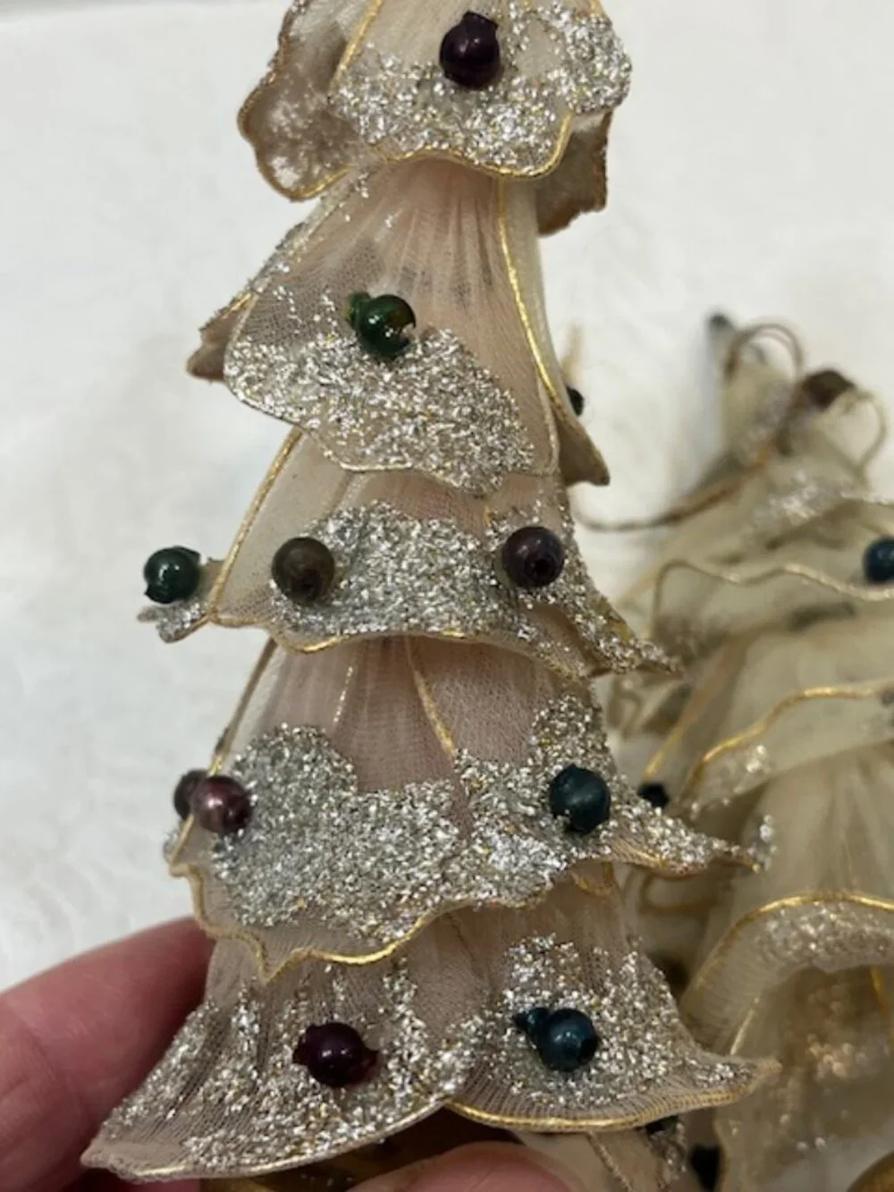 Two Antique Pink & White Tulle Mesh Christmas Tree Tabletop Decor GlassBalls  5